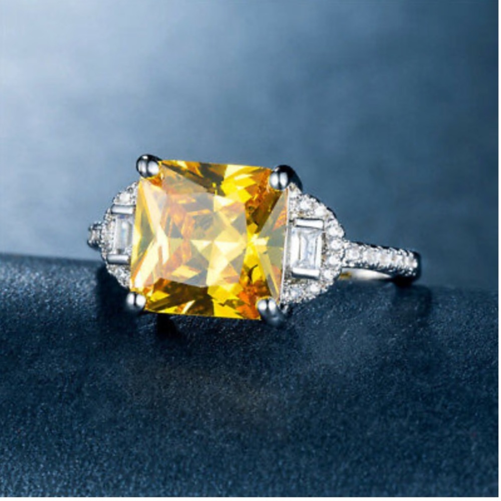New 925 Silver Princess Cut Citrine Ring Size 6-10 - Picture 1 of 5
